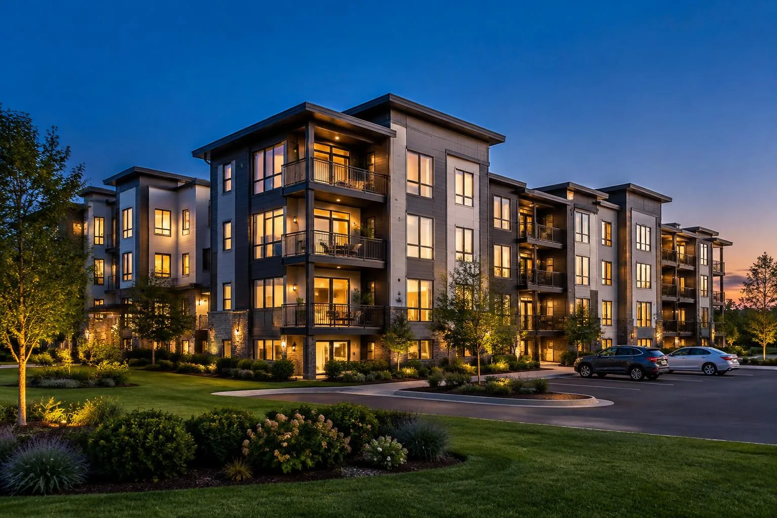 Modern apartment complex at dusk.
